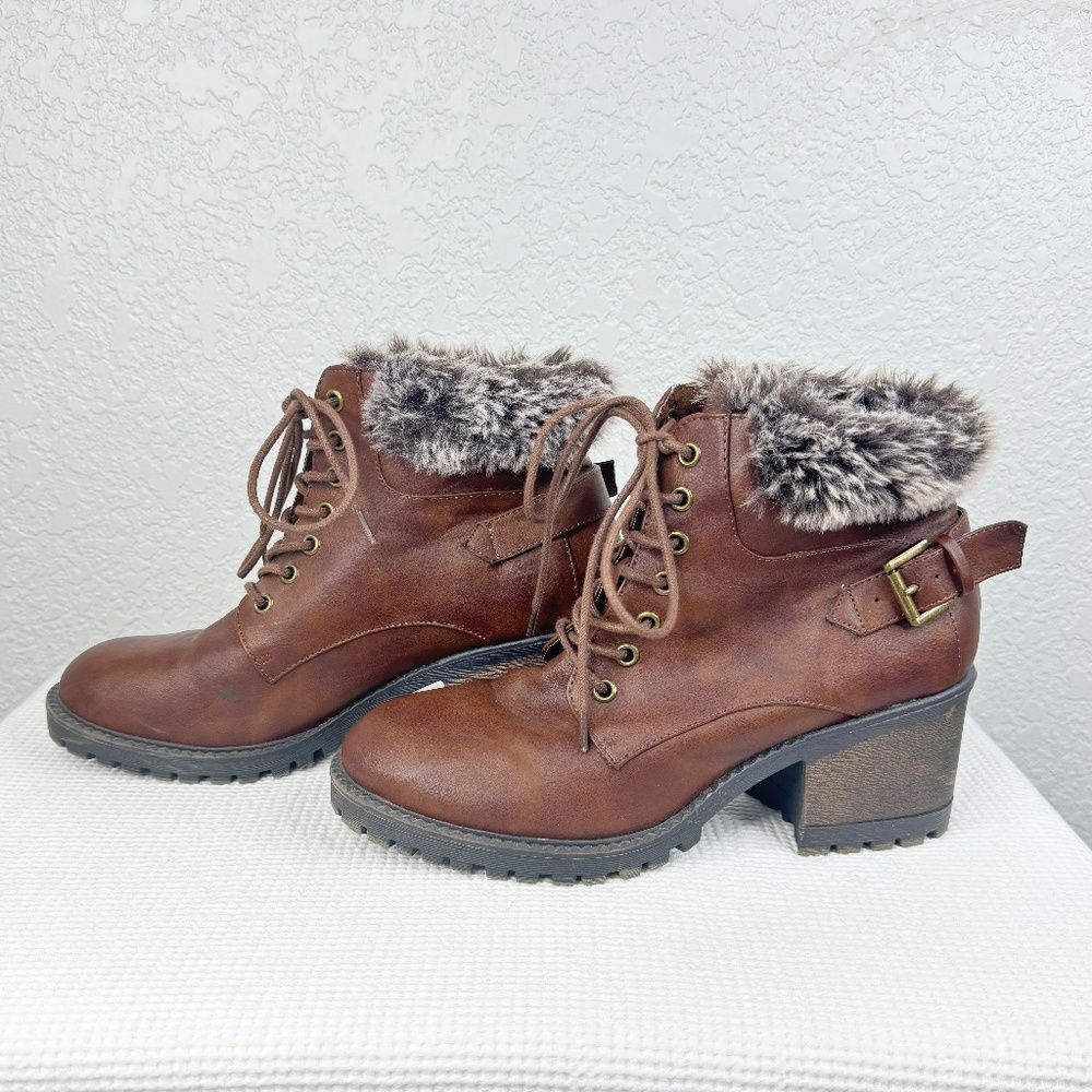 Shoedazzle Doreen Brown Black Gray Fur-lined Ankle Heeled Booties Size 10